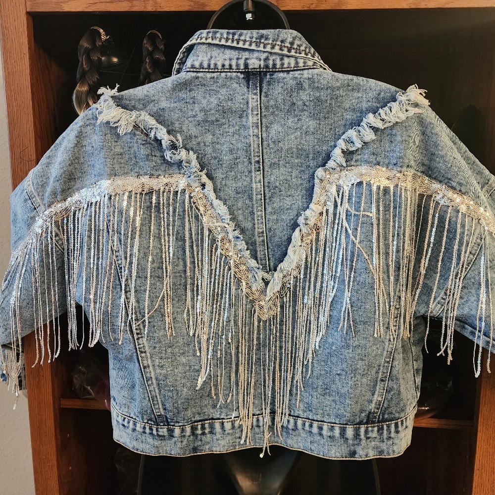 XL Denium Crop Jacket with Silver Fringe